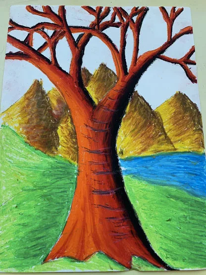 Student oil-pastel drawing of a tree by a river